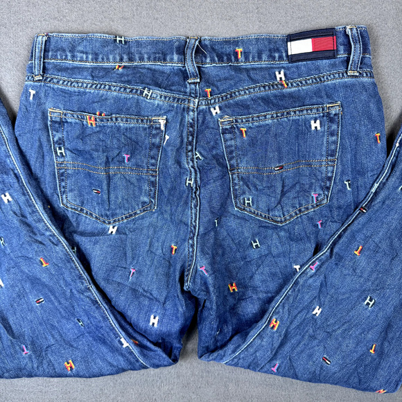 Tommy Hilfiger Denim Jeans Size 8 Embroidered Pattern T H Boyfriend Copain - Picture 1 of 12